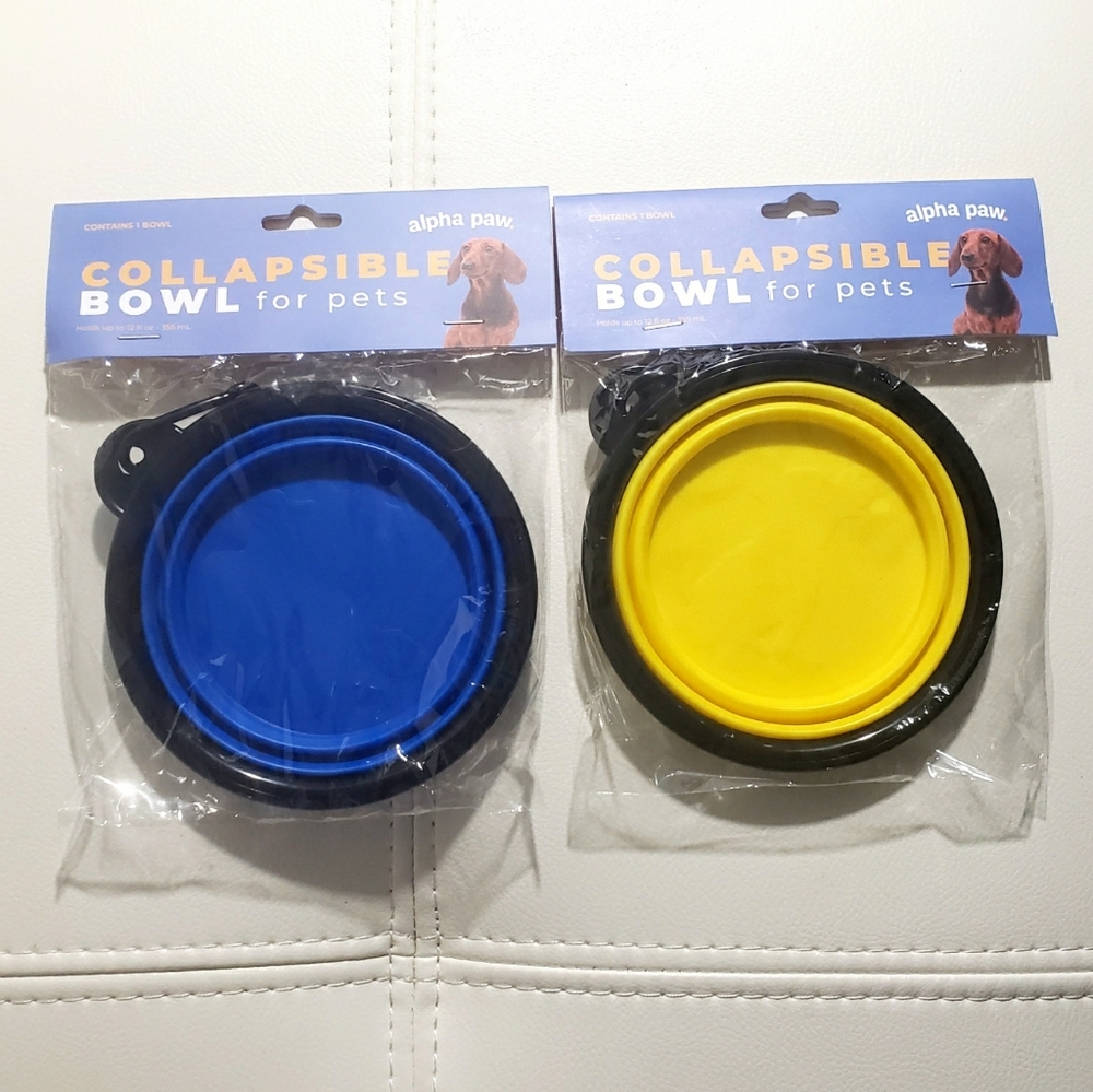 Portable Collapsible Foldable Pet Food Dish / Water Bowls Set of Two Blue Yellow